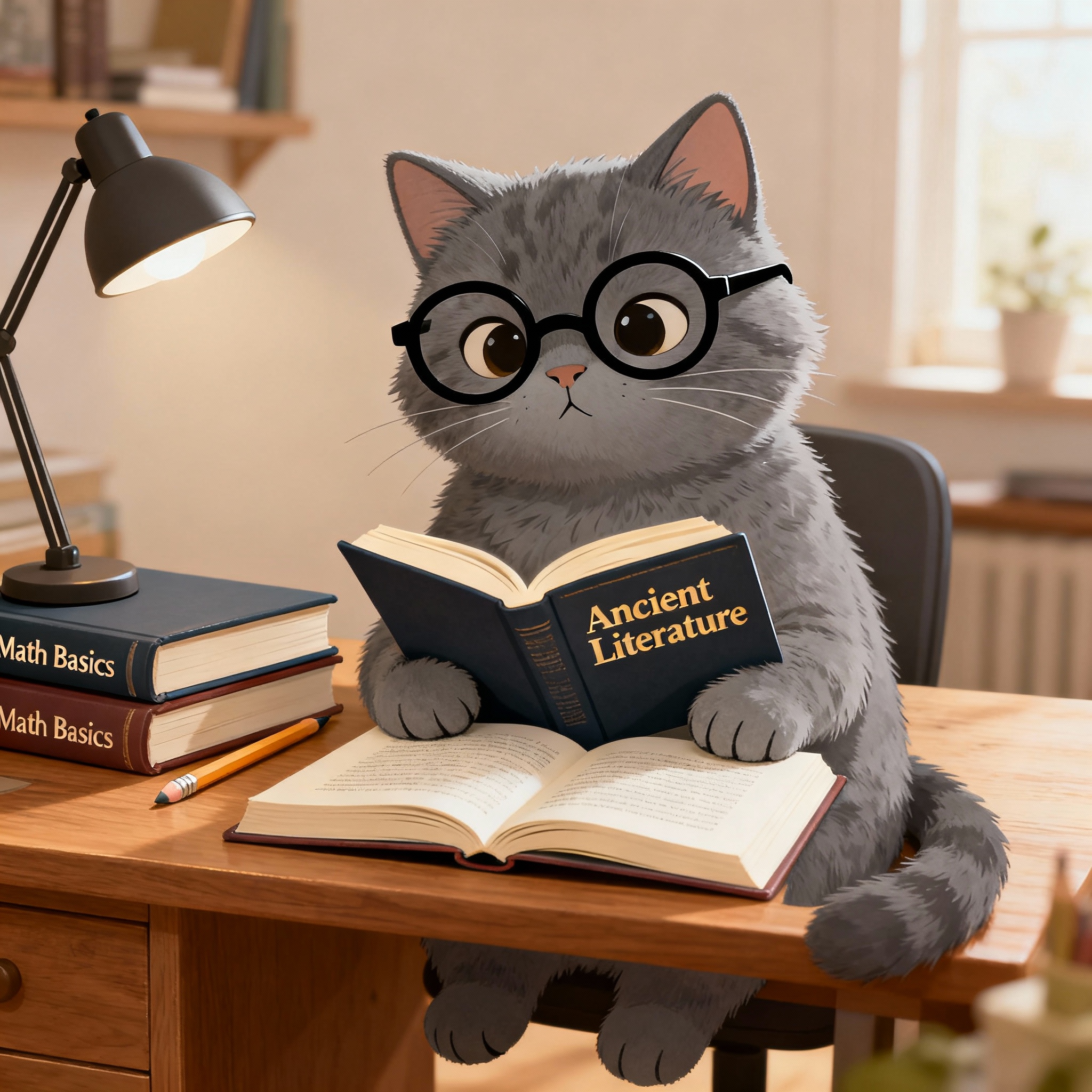 Chat portant des lunettes, entouré de livres